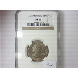 1979-P NARROW RIM SBA DOLLAR NGC MS65