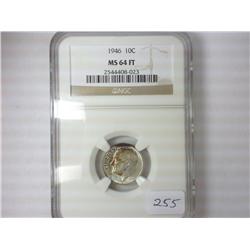 1946 ROOSEVELT DIME NGC MS64FT TONING
