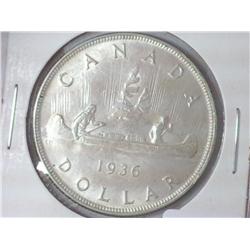 1936 CANADA SILVER DOLLAR (EXTRA FINE / AU)