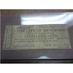 1862 CITY OF RICHMOND 25 CENTS NOTE