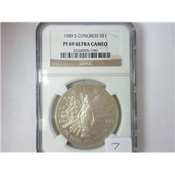 1989-S CONGRESS SILVER DOLLAR NGC PF69 ULTRA CAMEO