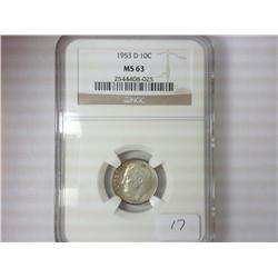 ERROR SLAB MISMARKED 1953-D ROOSEVELT DIME NGC MS63 THIS IS A 1955-D NOT 1953-D
