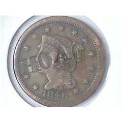 1846 US LARGE CENT COUNTER STAMPED HOAG