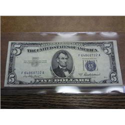 1953-A US $5 SILVER CERTIFICATE BLUE SEAL
