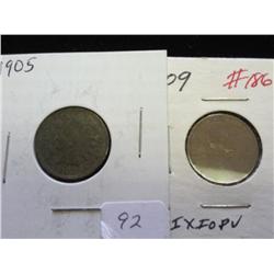 1905 INDIAN HEAD CENT FINE+ & 1909 LINCOLN CENT VG