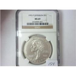 1993-P JEFFERSON SILVER DOLLAR NGC MS69