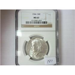 1964 90% KENNEDY HALF DOLLAR NGC MS63