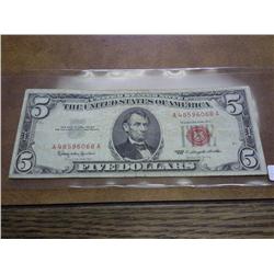 1963 US $5 NOTE RED SEAL