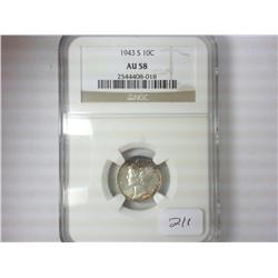 1943-S MERCURY DIME NGC (AU58) TONING