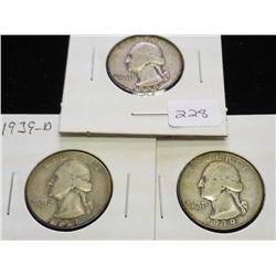 1939-P/D/S WASHINGTON SILVER QUARTERS 3 COINS
