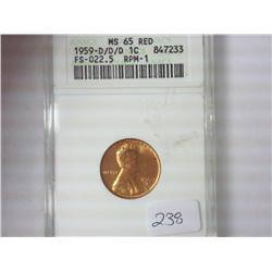 1959-D/D/D LINCOLN CENT ANACS MS65RED RPM-1