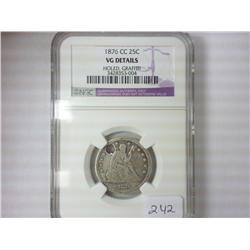1876-CC SEATED LIBERTY QUARTER NGC VG DETAILS