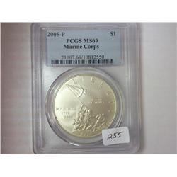 2005-P MARINE CORPS SILVER DOLLAR PCGS MS69