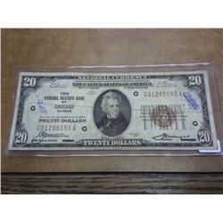 1929 US $20 NATIONAL CURRENCY CHICAGO
