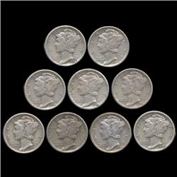 1934P Mercury Dimes AU/XF Lot of 9 (COI-8460)