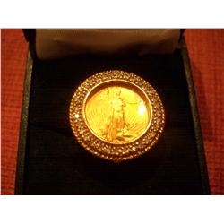 1995 $5 Pure Gold American Eagle Mens Ring W/1/2 Carat Diamonds in 10K Gold