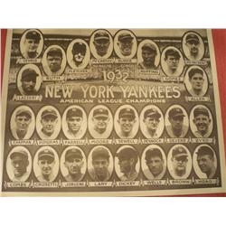 NEW YORK YANKEES 1932 TEAM PHOTO LOU GEHRIG BABE RUTH, 11'x14"