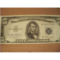 1953 $5 Blue Seal Silver Certificate, Great Condition