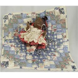 Antique Black Composition Doll & Handstitched Doll Quilt