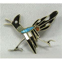 Native American Vintage Zuni Inlay Roadrunner Pin