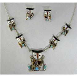 Native American Zuni Inlay Owl Necklace & Earrings