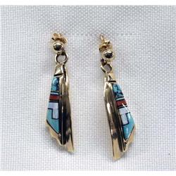 Native American Zuni 14Kt Gold Pierced Earrings
