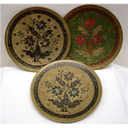 3 Chinese Porcelain Painted Brass Plates