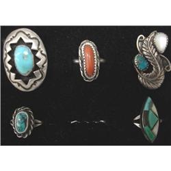 5 Native American Silver Turquoise Coral Rings