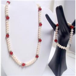Pearl and Carnelian Necklace and Bracelet Set