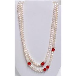 16" Pearl and Carnelian Double Strand Necklace