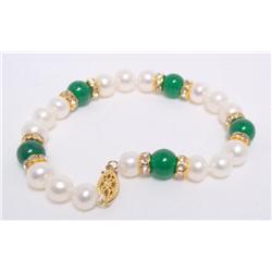 7.50" Pearl, Roundell and  Green Bead Bracelet