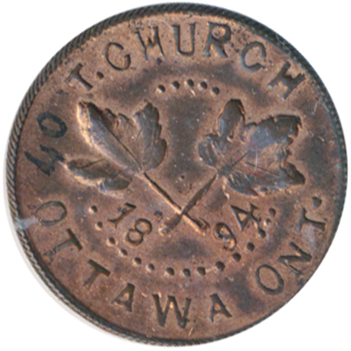 T. Church Token. Bow. 6-25. Copper. Reeded edge. Medium Thick. 8.0 gms ...