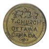 Image 1 : T. Church Token. Bow. 13-24. Brass. Plain edge. Thin. 6.4 gms. UNC. 20% luster. Ten struck).