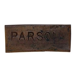 Ralph Parsons (Hudson Strait). Copper token. Small rectangular token, with full name ‘PARSONS’ on on