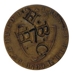 HUDSON’S BAY COMPANY. H.B.C./H. (for Hazelton). Countermarked on an imitation spade guinea, dated 17