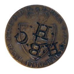 HUDSON’S BAY COMPANY. H.B.C./H. (for Hazelton). Countermarked on an imitation spade guinea, dated 17