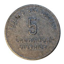 HUDSON’S BAY COMPANY. Labrador District. 5 MB token. Gingras-255a. Reeded border. Tin. Uniface. 25mm