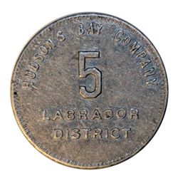 HUDSON’S BAY COMPANY. Labrador District. 5 MB token. Gingras-255a. Reeded border. Tin. Uniface. 25mm