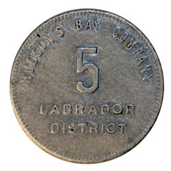 HUDSON’S BAY COMPANY. Labrador District. 5 MB token. Gingras-255a. Reeded border. Tin. Uniface. 25mm