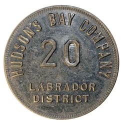 HUDSON’S BAY COMPANY. Labrador District. 20 MB token. Gingras-255d. Tin. Uniface. R-3. 29mm. VF.