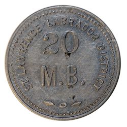 HUDSON’S BAY COMPANY. St. Lawrence Labrador District. 20 MB token. Gingras-260g. Alum. Large letteri