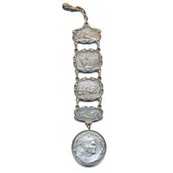 Watch Fob of five pieces, four depicting North American natives in various pursuits, a fifth the bus