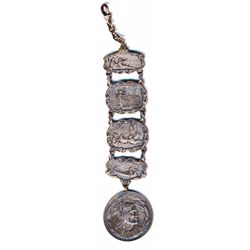 Watch Fob of five pieces, four depicting North American natives in various pursuits, a fifth the bus