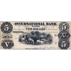 THE INTERNATIONAL BANK OF CANADA. $5.00. Sept. 15, 1858. CH-380-10--2-8R. Signed Thompson. No Protec