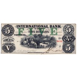 THE INTERNATIONAL BANK OF CANADA. $5.00. Sept. 15, 1858. CH-380-10-06-16. Signed J.R. Fitch. Green ‘