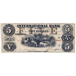 THE INTERNATIONAL BANK OF CANADA. $5.00. Sept. 15, 1858. CH-380-10-08-16. Signed J.R. Fitch. Brown ‘