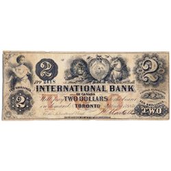 THE INTERNATIONAL BANK OF CANADA. $2.00. Sept. 15, 1858. CH-380-10-10-10. Signed J.H. Markel. Red ‘w