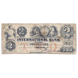 THE INTERNATIONAL BANK OF CANADA. $2.00. Sept. 15, 1858. CH-380-10-10-10. Signed J.H. Markell. Red ‘