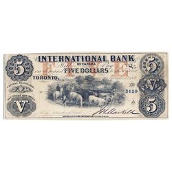 THE INTERNATIONAL BANK OF CANADA. $5.00. Sept. 15, 1858. CH-380-10-10-14. Signed J.H. Markell. Red ‘