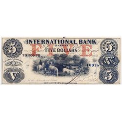 THE INTERNATIONAL BANK OF CANADA. $5.00. Sept. 15, 1858. CH-380-10-10-16a. Signed J.R. Fitch. Red ‘w